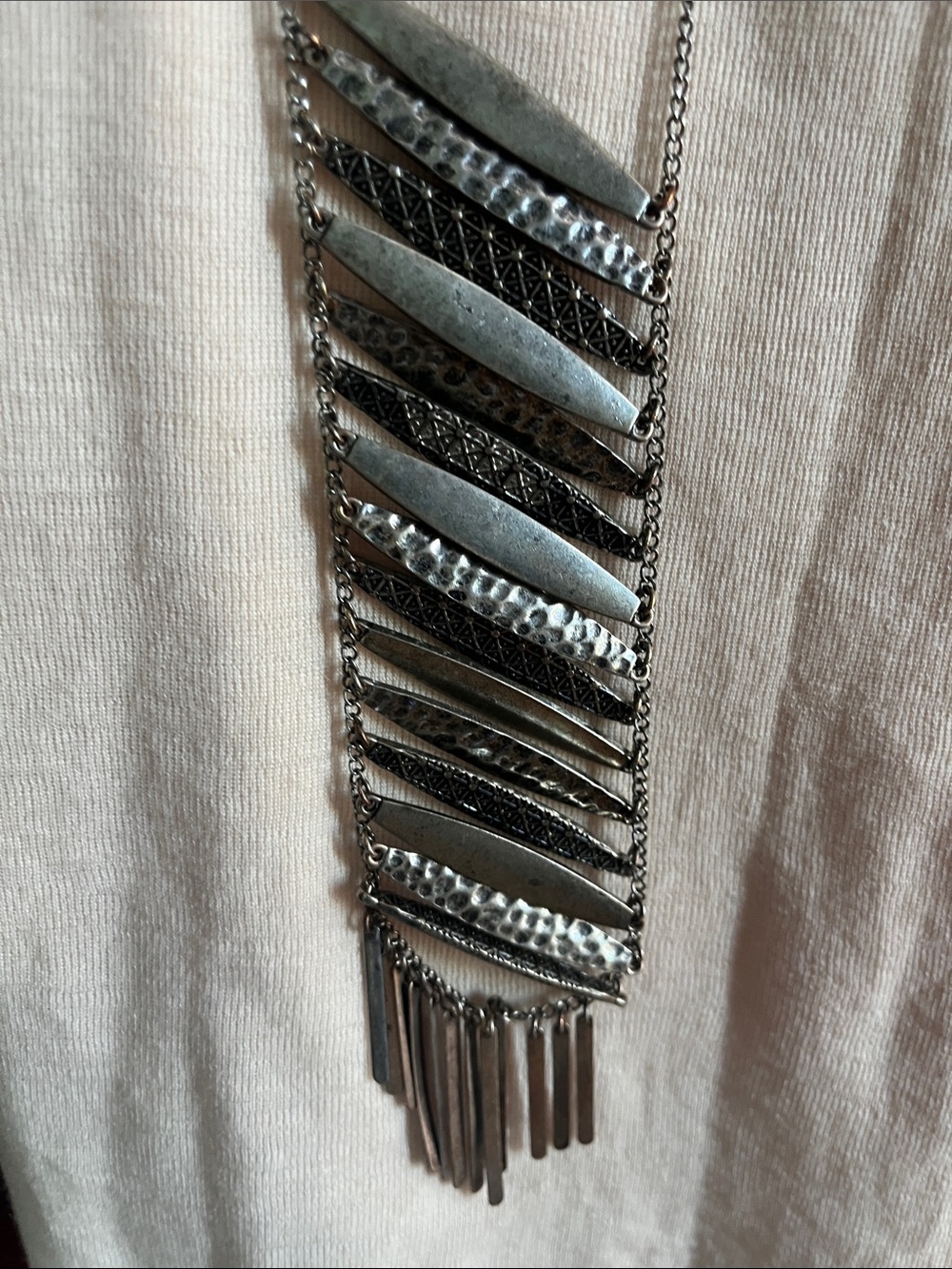 Vintage Silver-Tone Textured Fringe Statement Tribal Necklace